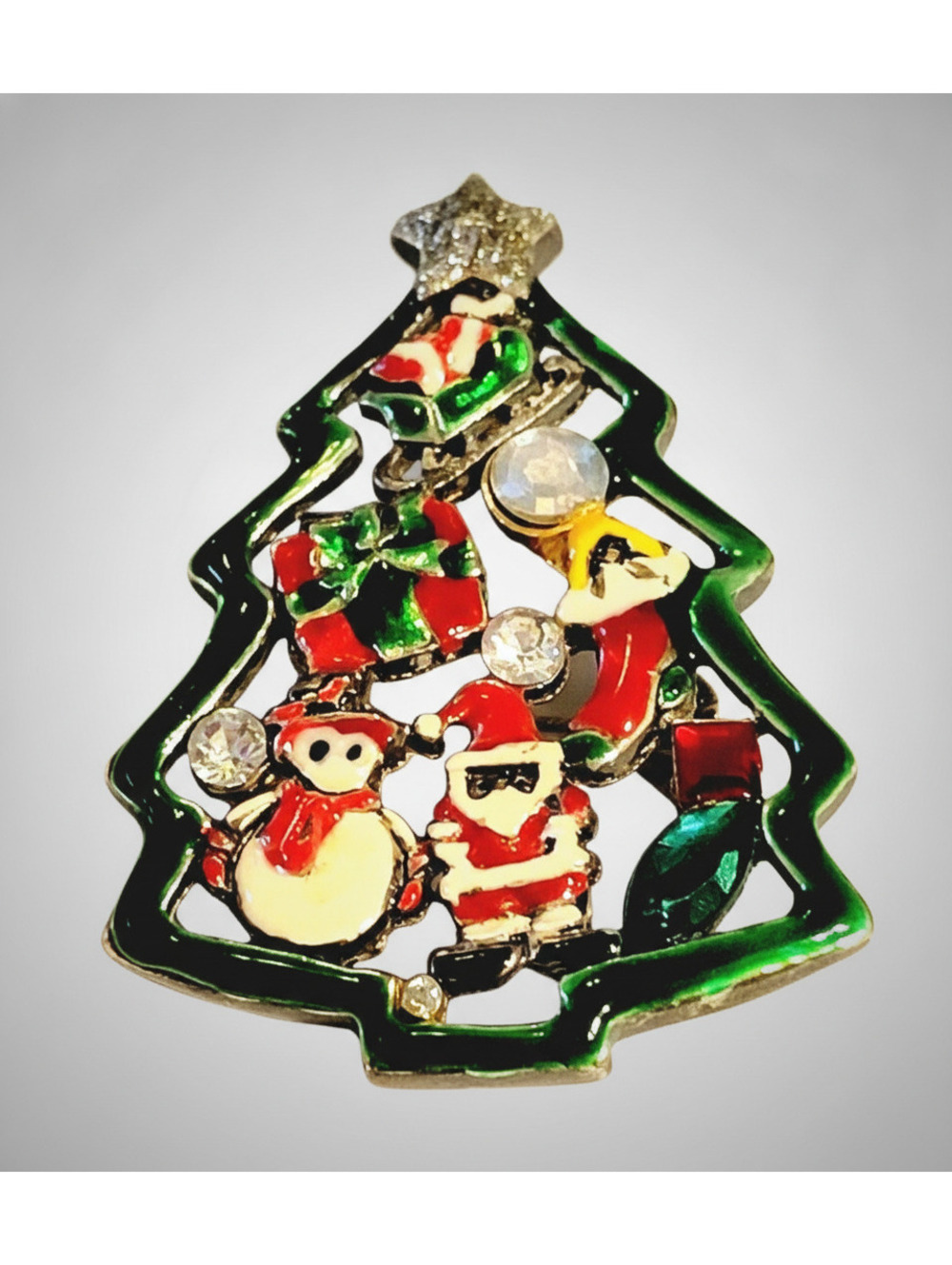 Christmas Tree Brooch Pin Pendant Santa Snowman Stocking Enamel Silver-tone h-18